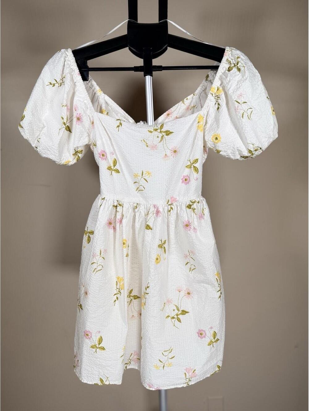 Mi Ami Francesca's Floral Puff Sleeve Mini Babydoll Dress  White Pink Size Small